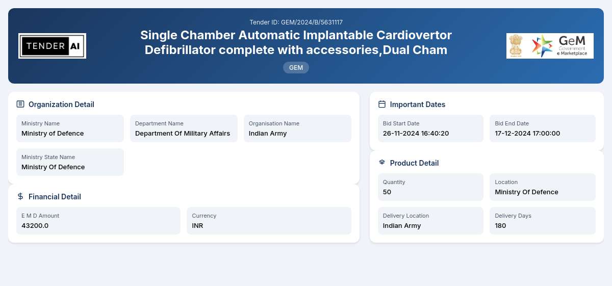 Department of Military Affairs Tender by Indian Army (GEM/2024/B/5631117) Department of Military Affairs Tender by Indian Army (GEM/2024/B/5631117)