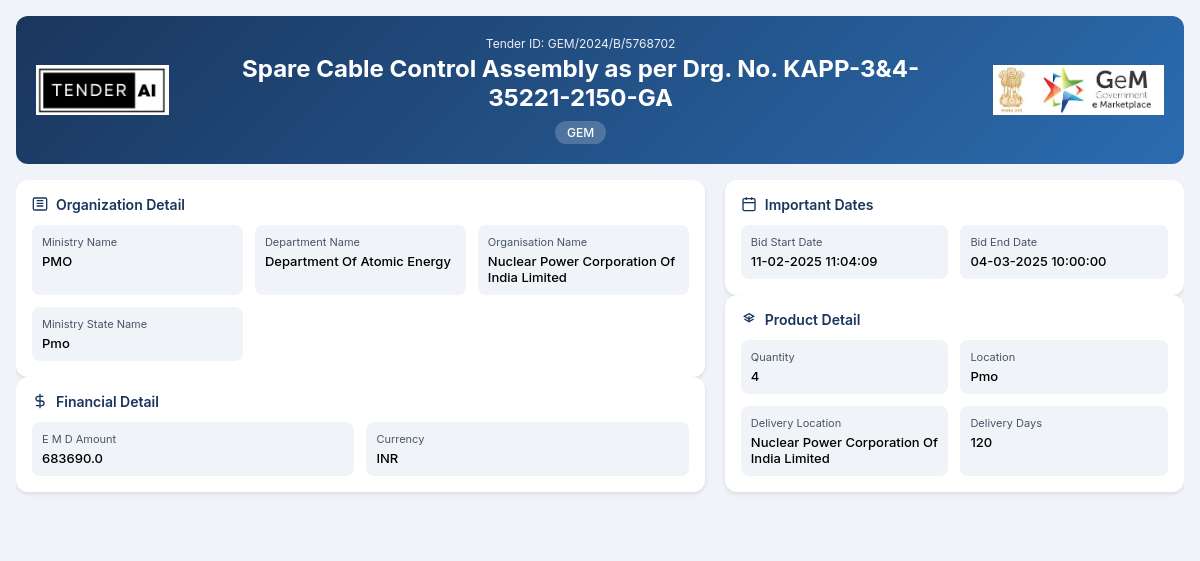 Department of Atomic Energy Tender by Nuclear Power Corporation Of India Limited (71772595)