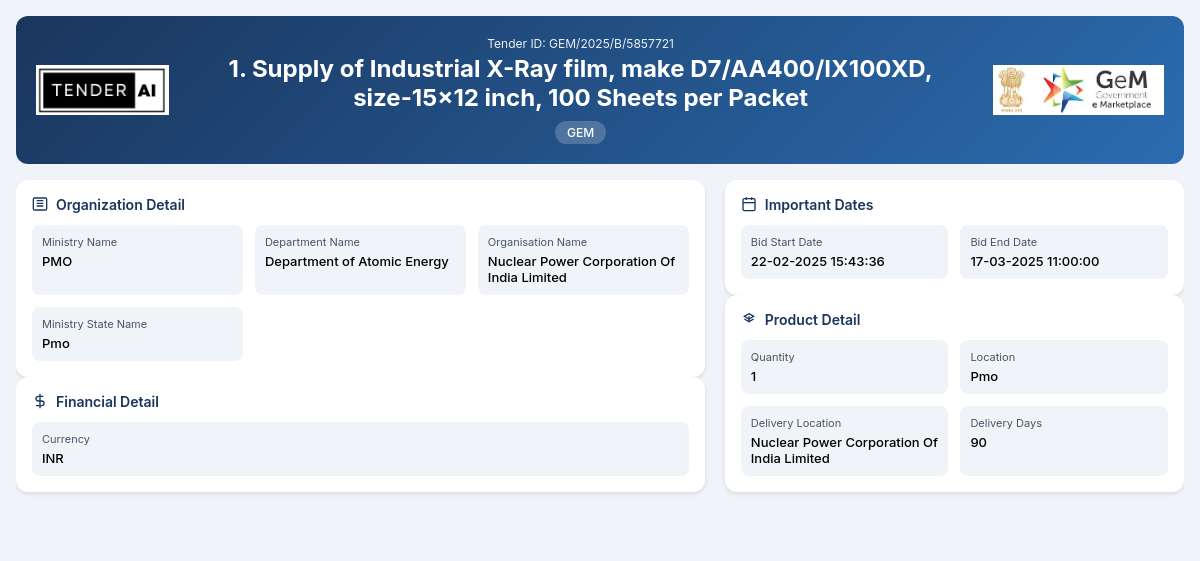 Department of Atomic Energy Tender by Nuclear Power Corporation Of India Limited (GEM/2025/B/5857721) Department of Atomic Energy Tender by Nuclear Power Corporation Of India Limited (GEM/2025/B/5857721)