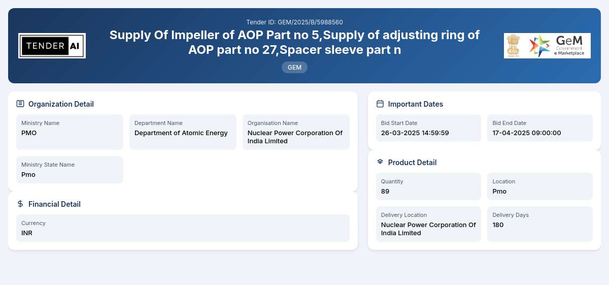 Department of Atomic Energy Tender by Nuclear Power Corporation Of India Limited (4cf7bd97) Department of Atomic Energy Tender by Nuclear Power Corporation Of India Limited (4cf7bd97)