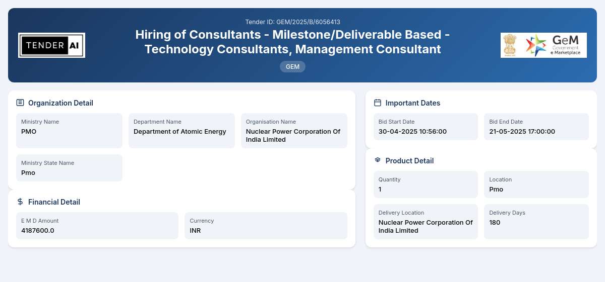 Department of Atomic Energy Tender by Nuclear Power Corporation Of India Limited (GEM/2025/B/6056413) Department of Atomic Energy Tender by Nuclear Power Corporation Of India Limited (GEM/2025/B/6056413)