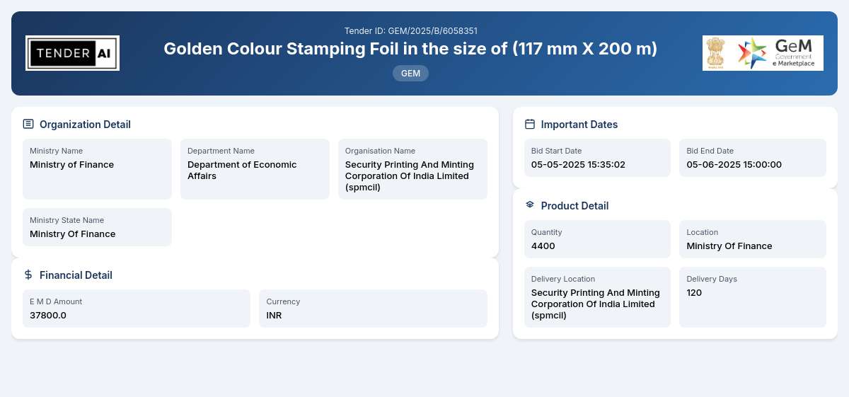 Department of Economic Affairs Tender by Security Printing And Minting Corporation Of India Limited
(spmcil) (c1398fff) Department of Economic Affairs Tender by Security Printing And Minting Corporation Of India Limited
(spmcil) (c1398fff)