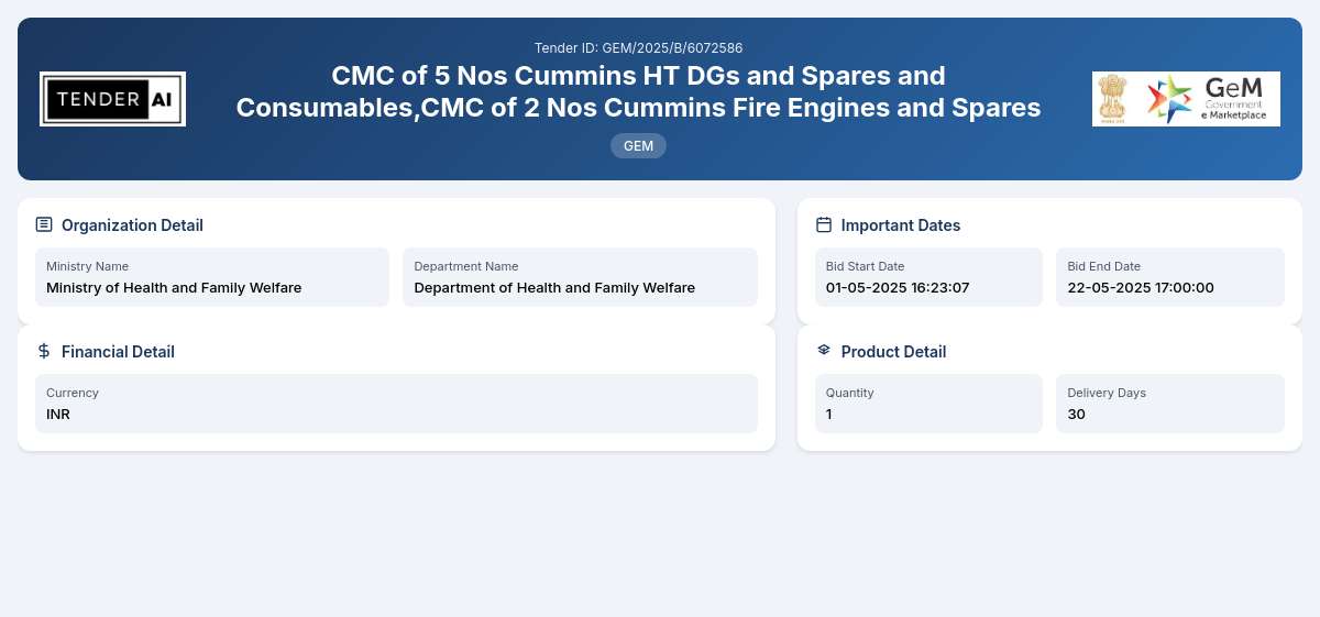 CMC of 5 Nos Cummins HT DGs and Spares and Consumables CMC of 5 Nos Cummins HT DGs and Spares and Consumables