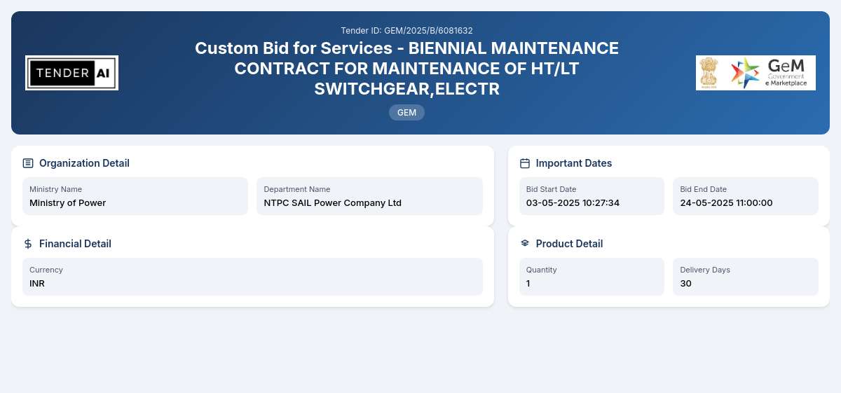 NTPC SAIL Power Company Ltd Tender by Ntpc Sail Power Company Ltd (GEM/2025/B/6081632) NTPC SAIL Power Company Ltd Tender by Ntpc Sail Power Company Ltd (GEM/2025/B/6081632)