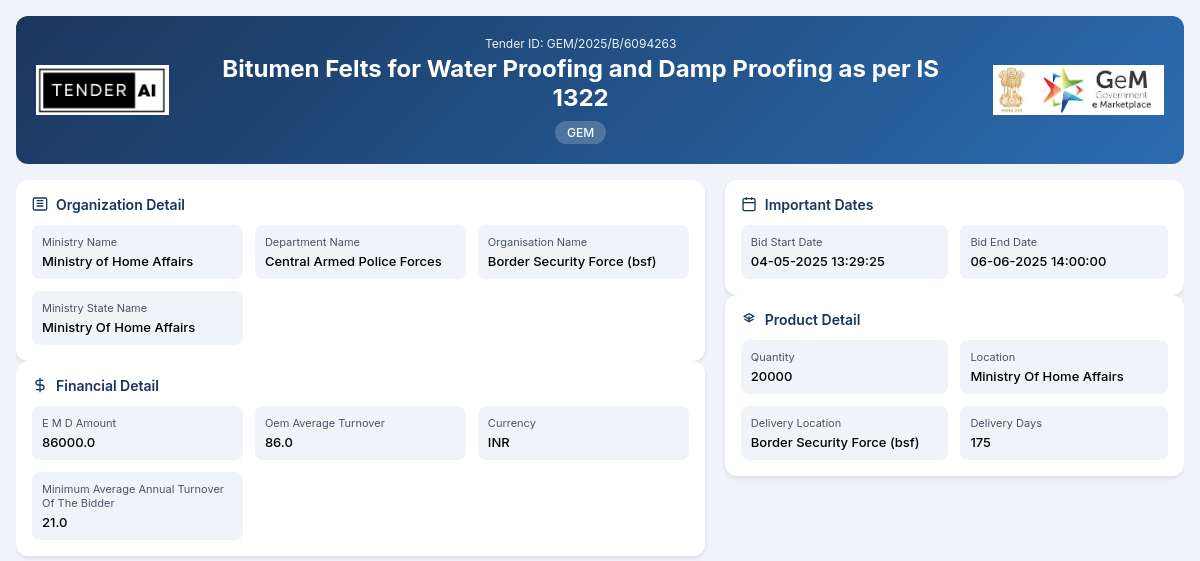 Central Armed Police Forces Tender by Border Security Force (bsf) (418d37) Central Armed Police Forces Tender by Border Security Force (bsf) (418d37)