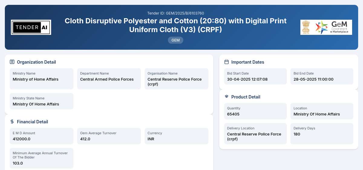 Central Armed Police Forces Tender by Central Reserve Police Force (crpf) (79113655) Central Armed Police Forces Tender by Central Reserve Police Force (crpf) (79113655)