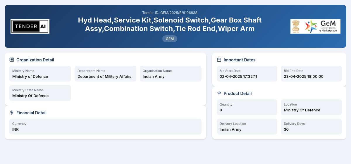 Department of Military Affairs Tender by Indian Army (GEM/2025/B/6106938) Department of Military Affairs Tender by Indian Army (GEM/2025/B/6106938)
