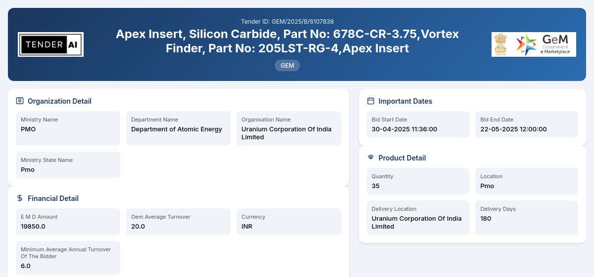 Department of Atomic Energy Tender by Uranium Corporation Of India Limited (GEM/2025/B/6107838) Department of Atomic Energy Tender by Uranium Corporation Of India Limited (GEM/2025/B/6107838)