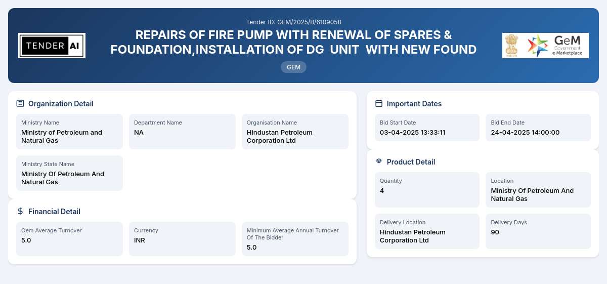 Repairs of Fire Pump and Installation of DG Unit Repairs of Fire Pump and Installation of DG Unit