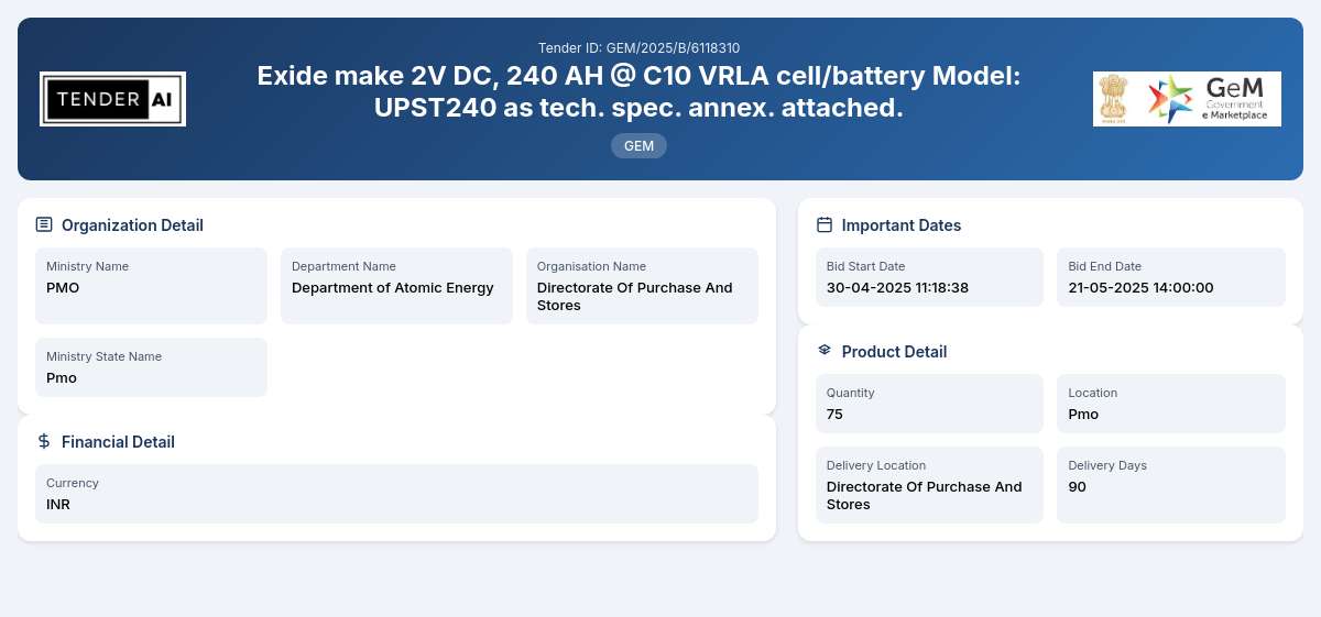 Department of Atomic Energy Tender by Directorate Of Purchase And Stores (107243e58) Department of Atomic Energy Tender by Directorate Of Purchase And Stores (107243e58)