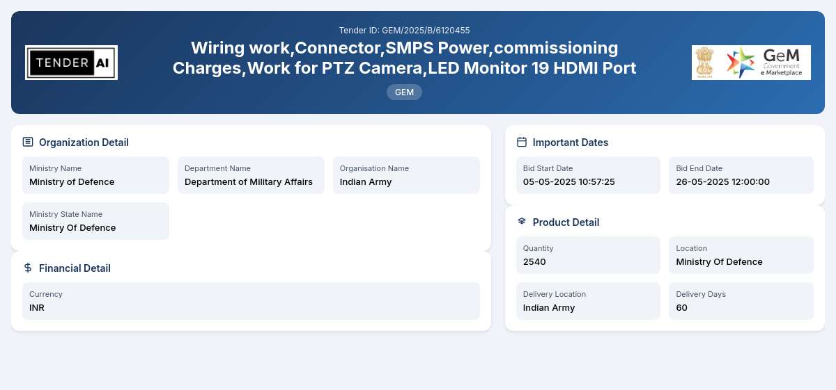 Department of Military Affairs Tender by Indian Army (GEM/2025/B/6120455) Department of Military Affairs Tender by Indian Army (GEM/2025/B/6120455)