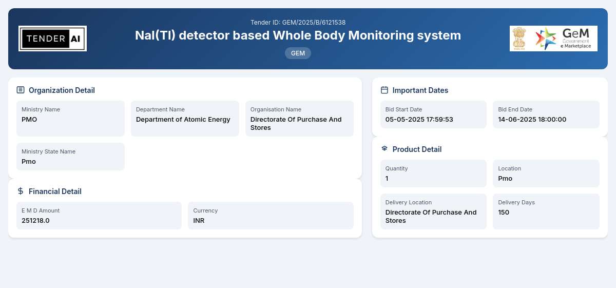 Department of Atomic Energy Tender by Directorate Of Purchase And Stores (GEM/2025/B/6121538) Department of Atomic Energy Tender by Directorate Of Purchase And Stores (GEM/2025/B/6121538)