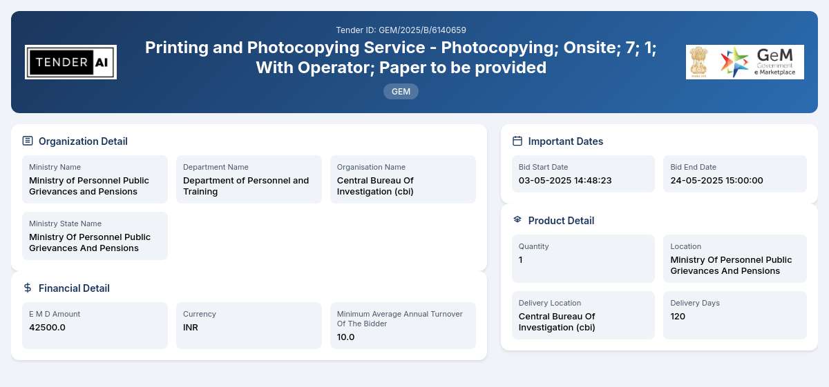 Department of Personnel and Training Tender by Central Bureau Of Investigation (cbi) (GEM/2025/B/6140659) Department of Personnel and Training Tender by Central Bureau Of Investigation (cbi) (GEM/2025/B/6140659)