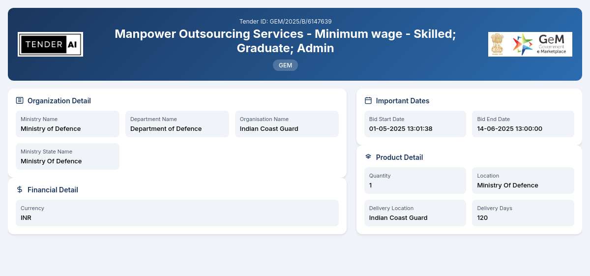 Department of Defence Tender by Indian Coast Guard (GEM/2025/B/6147639) Department of Defence Tender by Indian Coast Guard (GEM/2025/B/6147639)