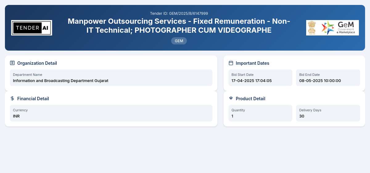 Information and Broadcasting Department Gujarat Tender by Directorate Of Information (GEM/2025/B/6147999)