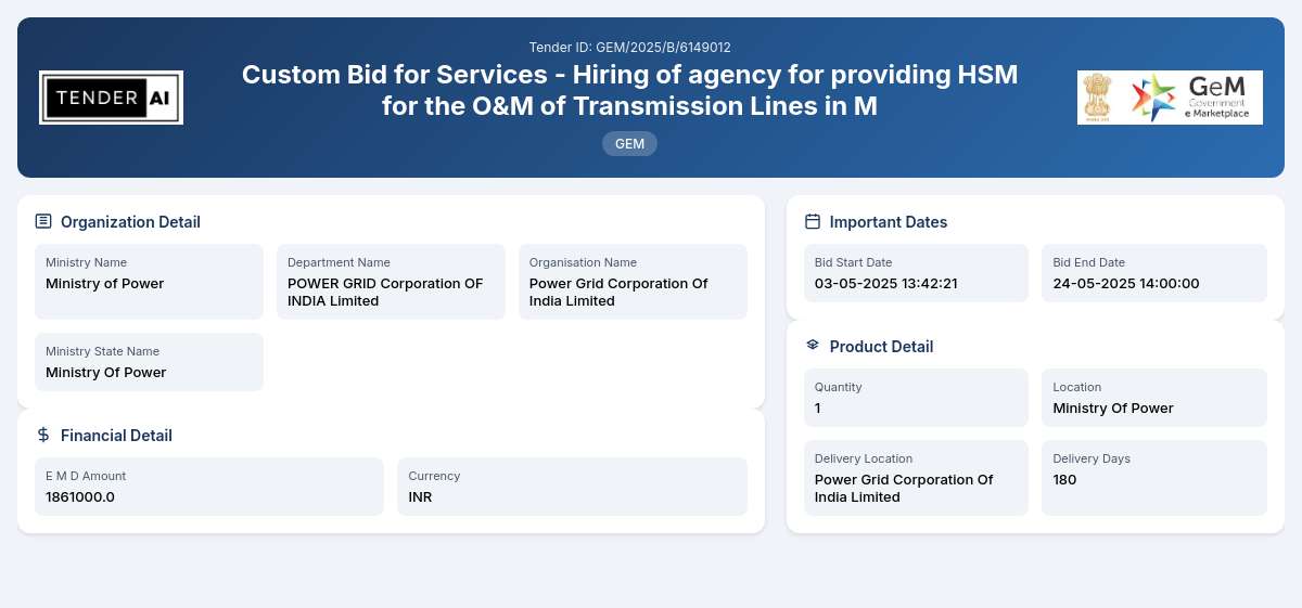 POWER GRID Corporation OF INDIA Limited Tender by Power Grid Corporation Of India Limited (GEM/2025/B/6149012) POWER GRID Corporation OF INDIA Limited Tender by Power Grid Corporation Of India Limited (GEM/2025/B/6149012)