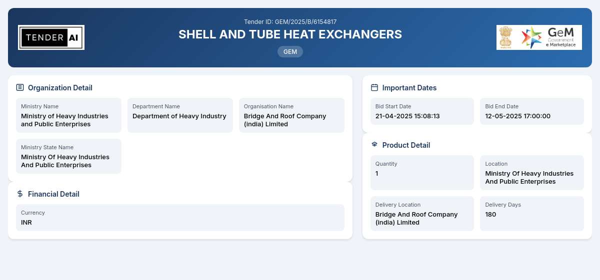 Supply and Installation of Shell and Tube Heat Exchangers Supply and Installation of Shell and Tube Heat Exchangers