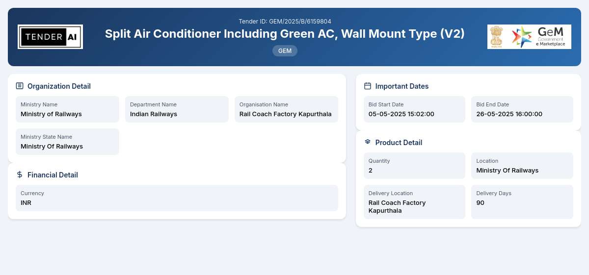 Indian Railways Tender by Rail Coach Factory Kapurthala (GEM/2025/B/6159804) Indian Railways Tender by Rail Coach Factory Kapurthala (GEM/2025/B/6159804)