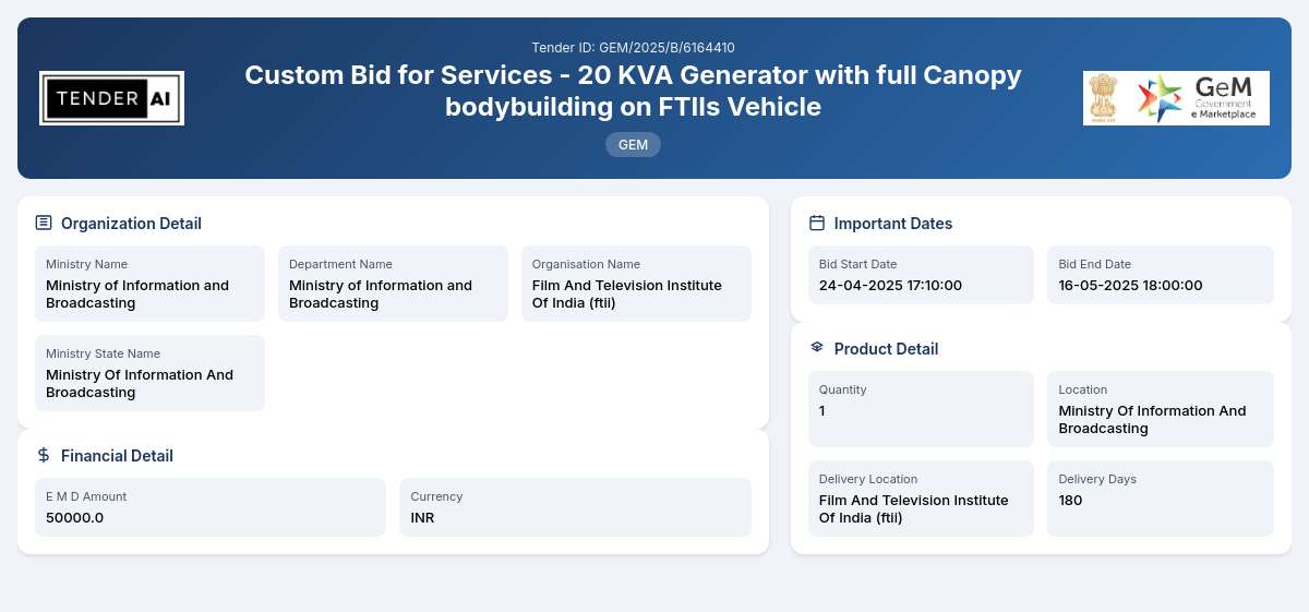 Custom Bid for Services - 20 KVA Generator with Full Canopy Bodybuilding on FTIIs Vehicle Custom Bid for Services - 20 KVA Generator with Full Canopy Bodybuilding on FTIIs Vehicle