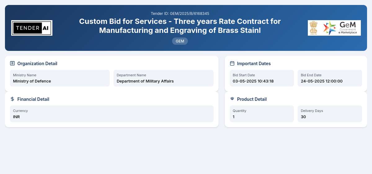 Department of Military Affairs Tender by Indian Navy (GEM/2025/B/6168345) Department of Military Affairs Tender by Indian Navy (GEM/2025/B/6168345)