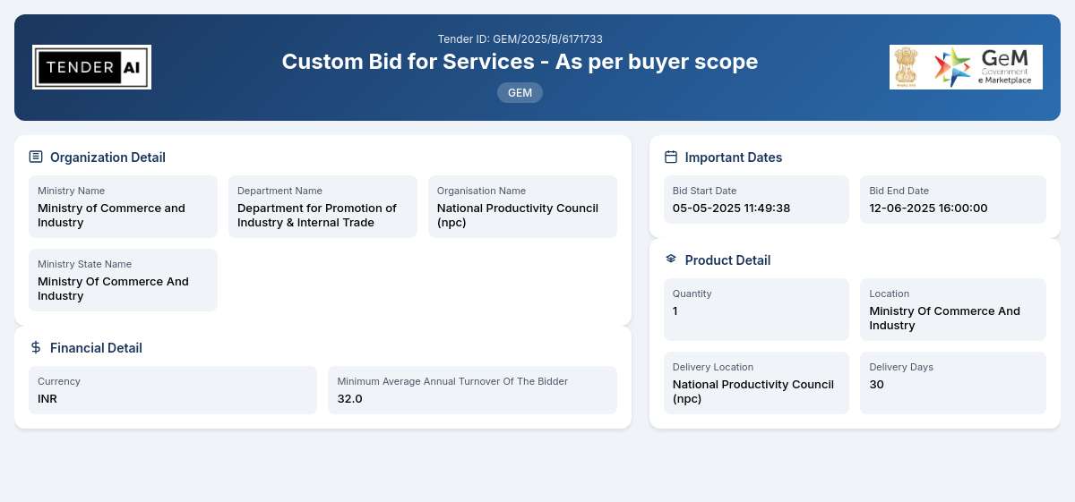 Department for Promotion of Industry & Internal Trade Tender by National Productivity Council (npc) (GEM/2025/B/6171733) Department for Promotion of Industry & Internal Trade Tender by National Productivity Council (npc) (GEM/2025/B/6171733)