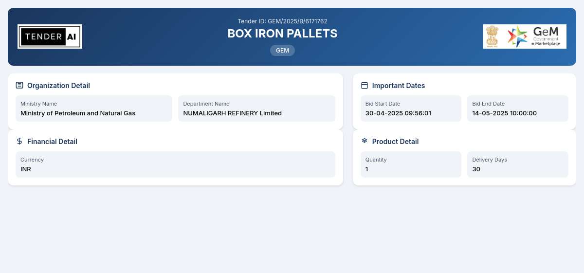 Supply of Box Iron Pallets - NUMALIGARH REFINERY Limited