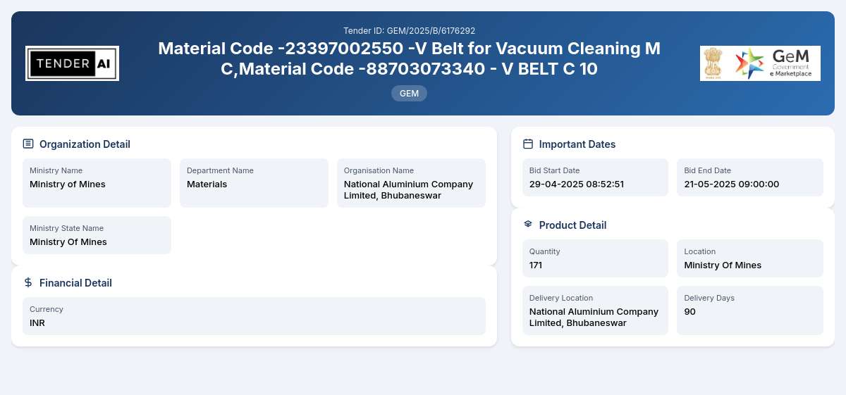 Materials Tender by National Aluminium Company Limited, Bhubaneswar (GEM/2025/B/6176292)
