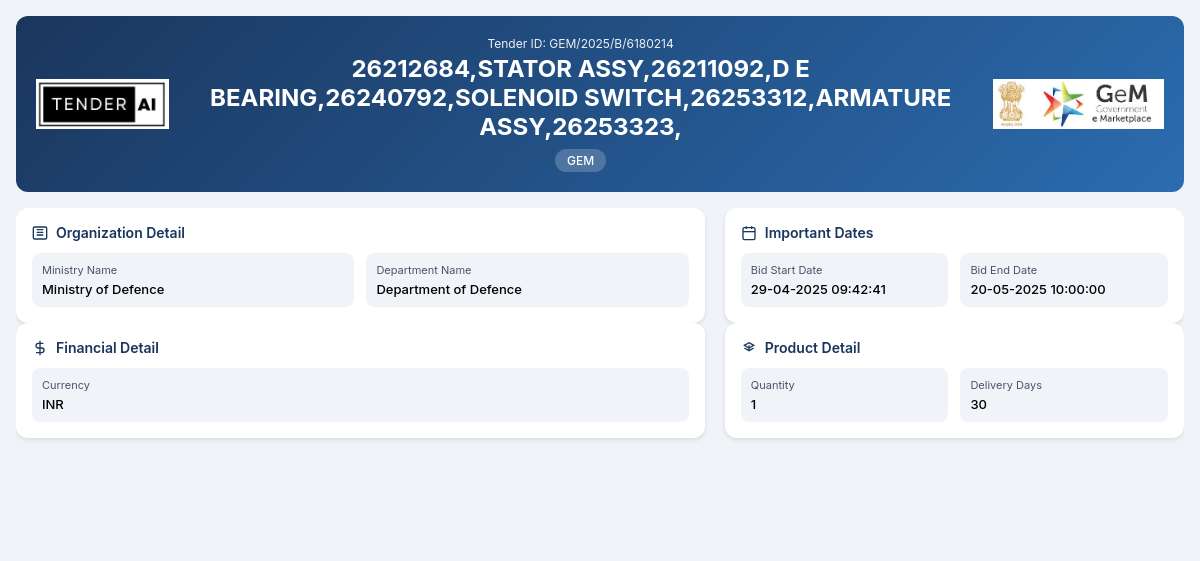 Department of Defence Tender by Border Road Organisation (GEM/2025/B/6180214) Department of Defence Tender by Border Road Organisation (GEM/2025/B/6180214)