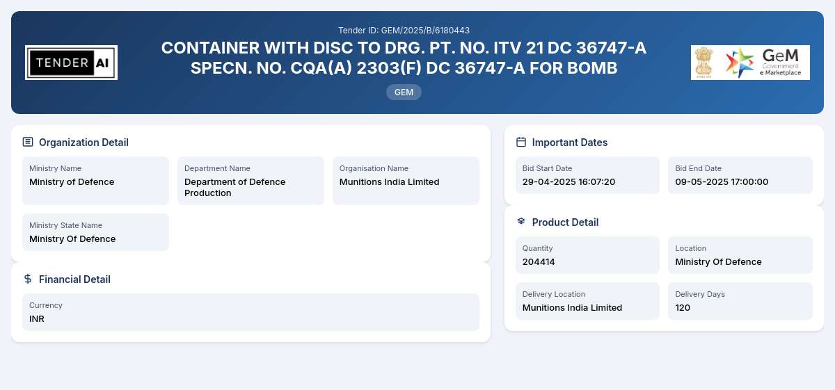 Department of Defence Production Tender by Munitions India Limited (96096b86) Department of Defence Production Tender by Munitions India Limited (96096b86)