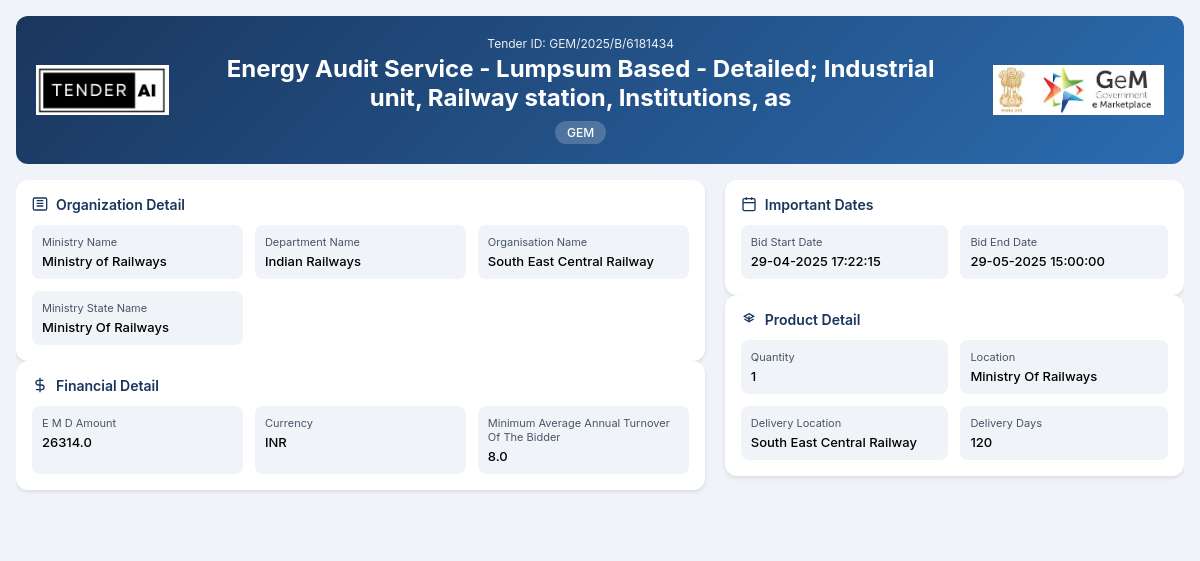 Indian Railways Tender by South East Central Railway (GEM/2025/B/6181434) Indian Railways Tender by South East Central Railway (GEM/2025/B/6181434)