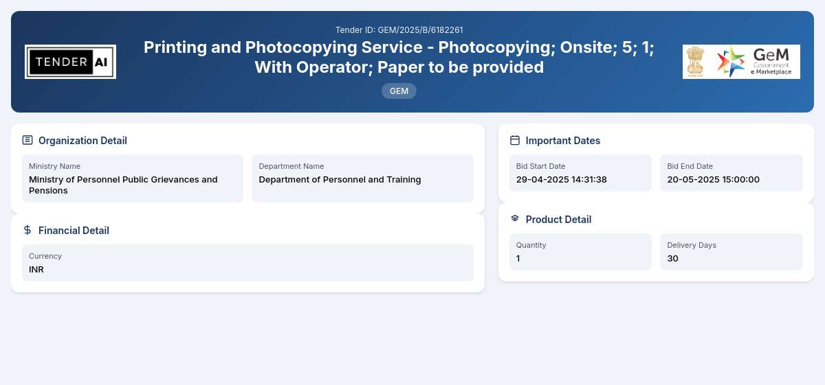 Department of Personnel and Training Tender by Central Bureau Of Investigation (cbi) (GEM/2025/B/6182261)