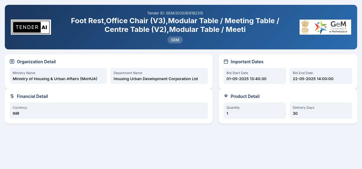 Housing Urban Development Corporation Ltd Tender by Housing Urban Development Corporation Ltd (GEM/2025/B/6182315) Housing Urban Development Corporation Ltd Tender by Housing Urban Development Corporation Ltd (GEM/2025/B/6182315)