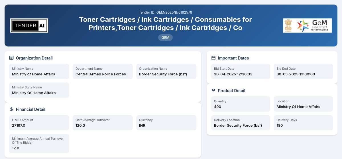 Central Armed Police Forces Tender by Border Security Force (bsf) (111f99bbf)