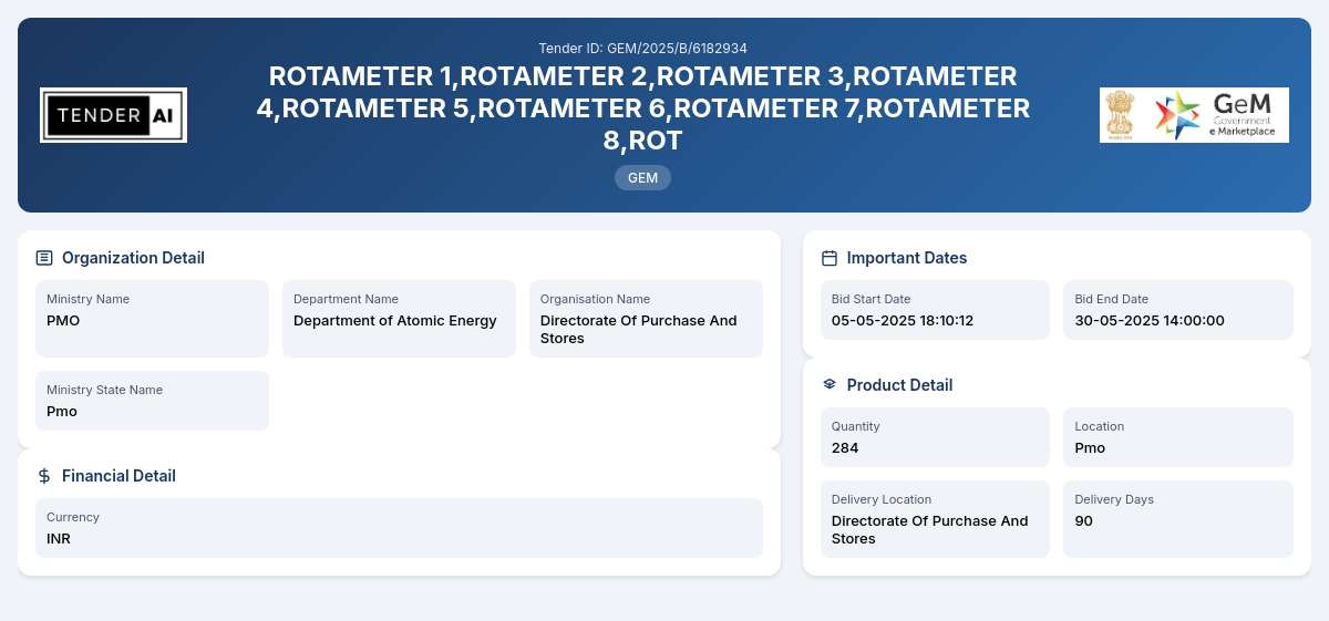 Department of Atomic Energy Tender by Directorate Of Purchase And Stores (GEM/2025/B/6182934) Department of Atomic Energy Tender by Directorate Of Purchase And Stores (GEM/2025/B/6182934)