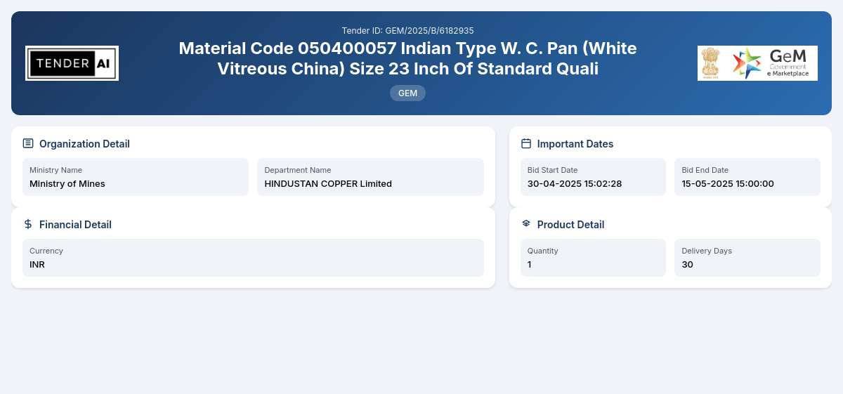 HINDUSTAN COPPER Limited Tender by Hindustan Copper Limited (GEM/2025/B/6182935) HINDUSTAN COPPER Limited Tender by Hindustan Copper Limited (GEM/2025/B/6182935)