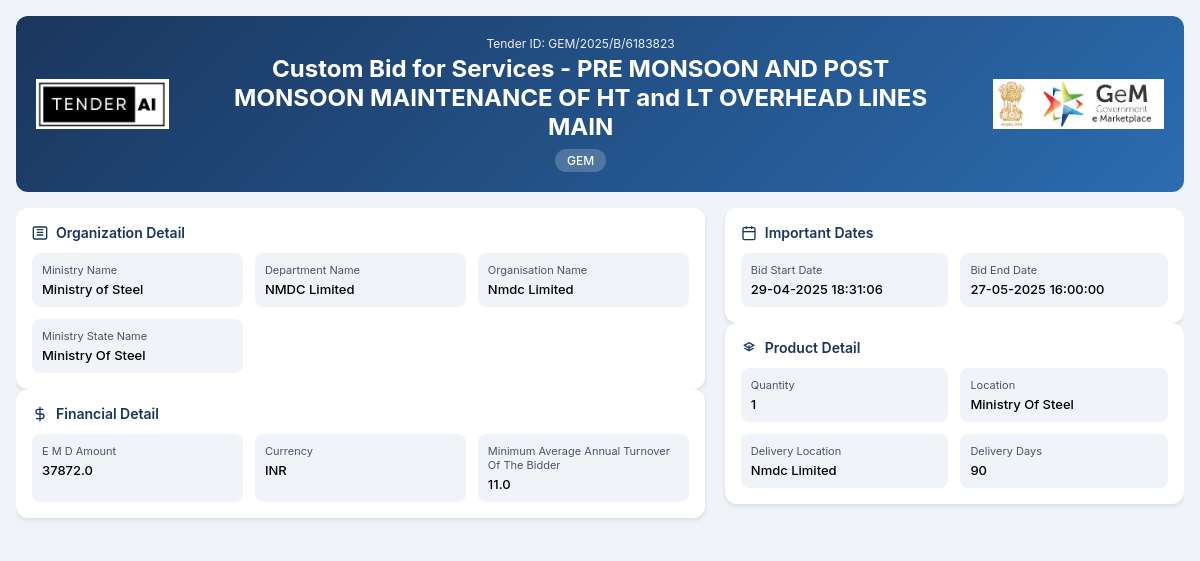 NMDC Limited Tender by Nmdc Limited (GEM/2025/B/6183823) NMDC Limited Tender by Nmdc Limited (GEM/2025/B/6183823)