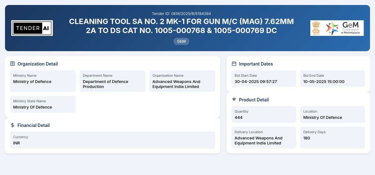 Department of Defence Production Tender by Advanced Weapons And Equipment India Limited (2766925ab) Department of Defence Production Tender by Advanced Weapons And Equipment India Limited (2766925ab)