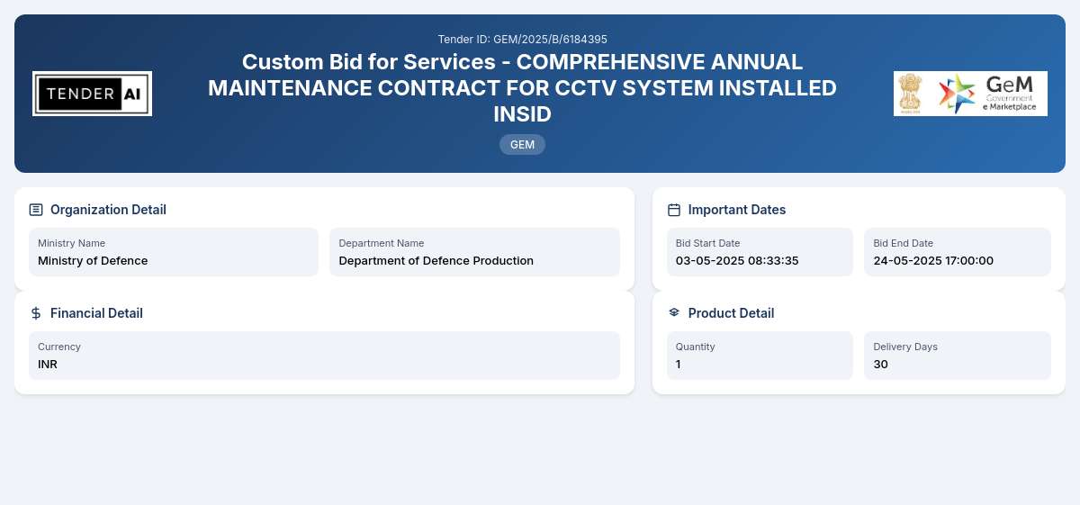 Department of Defence Production Tender by Yantra India Limited (GEM/2025/B/6184395) Department of Defence Production Tender by Yantra India Limited (GEM/2025/B/6184395)