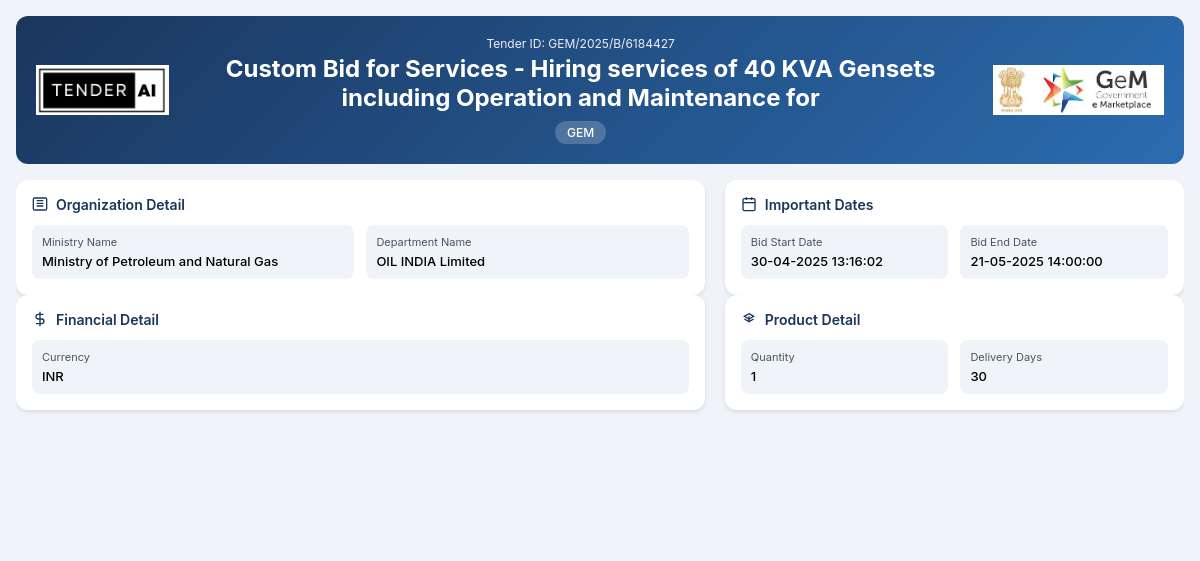 OIL INDIA Limited Tender by Oil India Limited (GEM/2025/B/6184427)