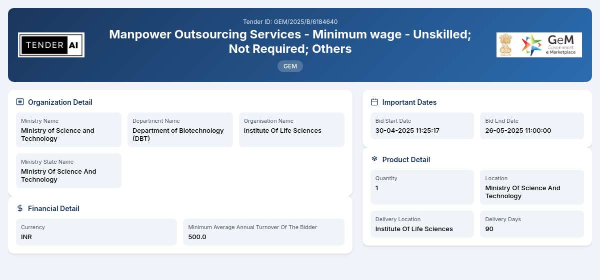 Department of Biotechnology (DBT) Tender by Institute Of Life Sciences (26c1510) Department of Biotechnology (DBT) Tender by Institute Of Life Sciences (26c1510)