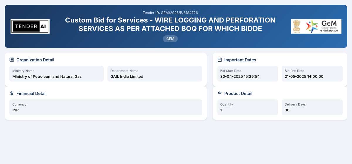 GAIL India Limited Tender by Gail India Limited (GEM/2025/B/6184726) GAIL India Limited Tender by Gail India Limited (GEM/2025/B/6184726)