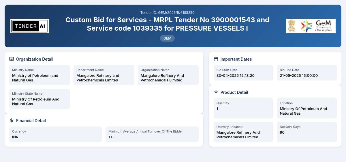 Mangalore Refinery and Petrochemicals Limited Tender by Mangalore Refinery And Petrochemicals Limited (GEM/2025/B/6185250) Mangalore Refinery and Petrochemicals Limited Tender by Mangalore Refinery And Petrochemicals Limited (GEM/2025/B/6185250)