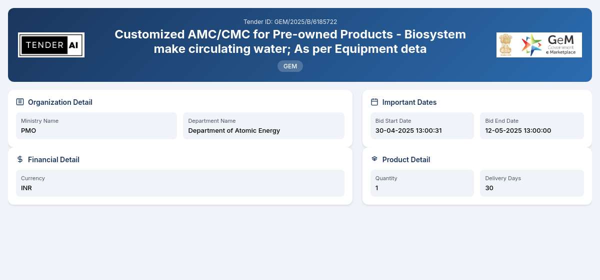 Customized AMC/CMC for Pre-owned Products - Biosystem make circulating water Customized AMC/CMC for Pre-owned Products - Biosystem make circulating water