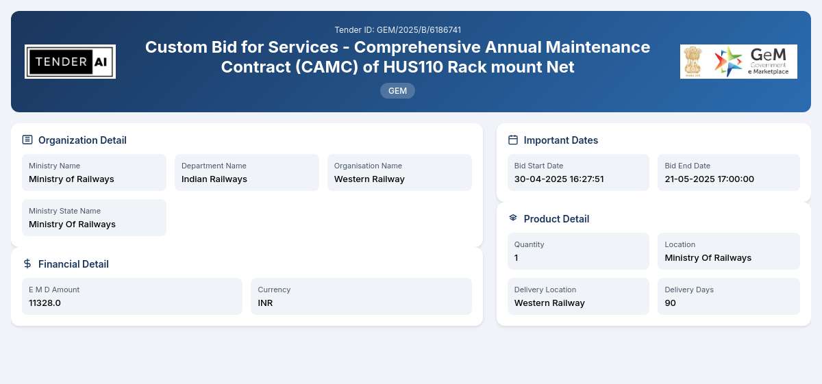 Indian Railways Tender by Western Railway (GEM/2025/B/6186741) Indian Railways Tender by Western Railway (GEM/2025/B/6186741)