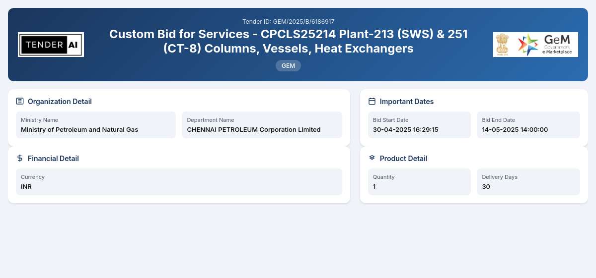 CHENNAI PETROLEUM Corporation Limited Tender by Chennai Petroleum Corporation Limited (GEM/2025/B/6186917) CHENNAI PETROLEUM Corporation Limited Tender by Chennai Petroleum Corporation Limited (GEM/2025/B/6186917)