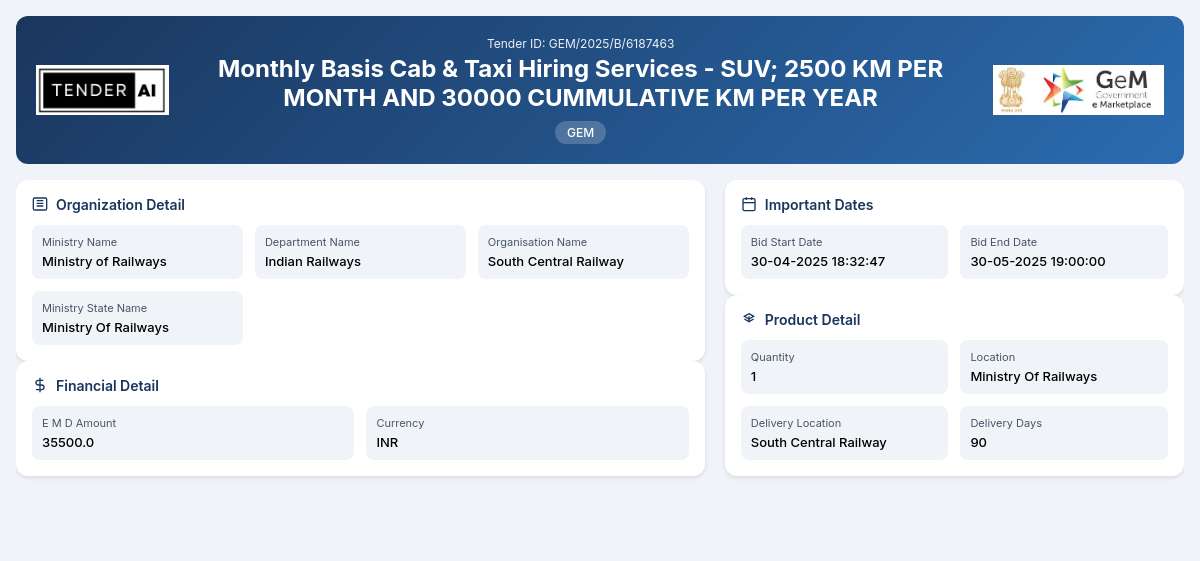 Indian Railways Tender by South Central Railway (GEM/2025/B/6187463) Indian Railways Tender by South Central Railway (GEM/2025/B/6187463)