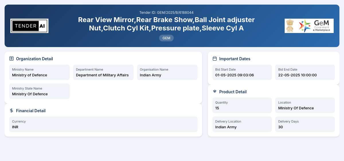 Department of Military Affairs Tender by Indian Army (GEM/2025/B/6188044) Department of Military Affairs Tender by Indian Army (GEM/2025/B/6188044)