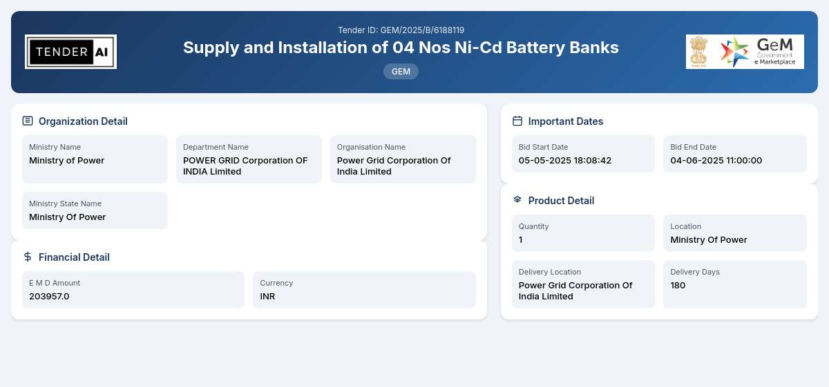 POWER GRID Corporation OF INDIA Limited Tender by Power Grid Corporation Of India Limited (GEM/2025/B/6188119) POWER GRID Corporation OF INDIA Limited Tender by Power Grid Corporation Of India Limited (GEM/2025/B/6188119)