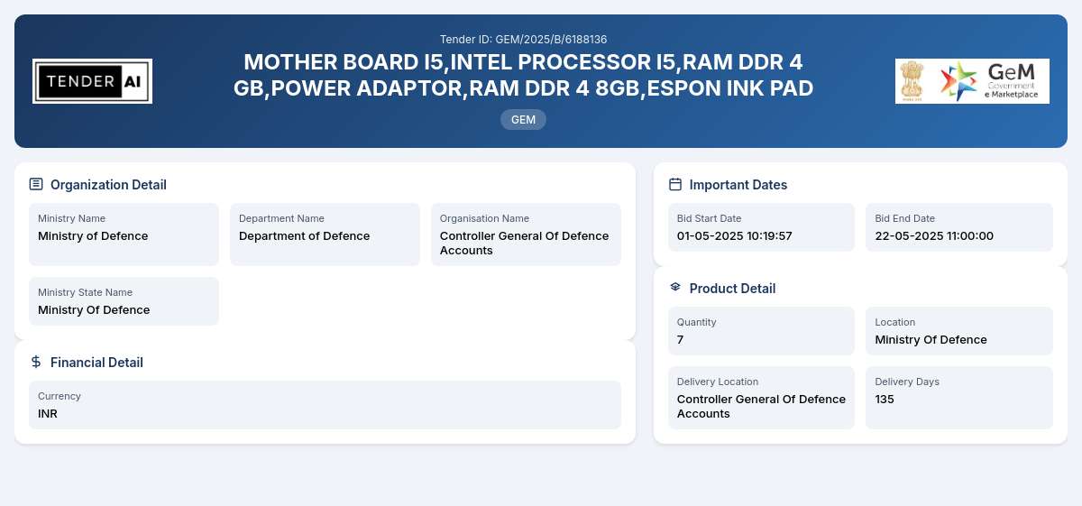 Department of Defence Tender by Controller General Of Defence Accounts (GEM/2025/B/6188136) Department of Defence Tender by Controller General Of Defence Accounts (GEM/2025/B/6188136)