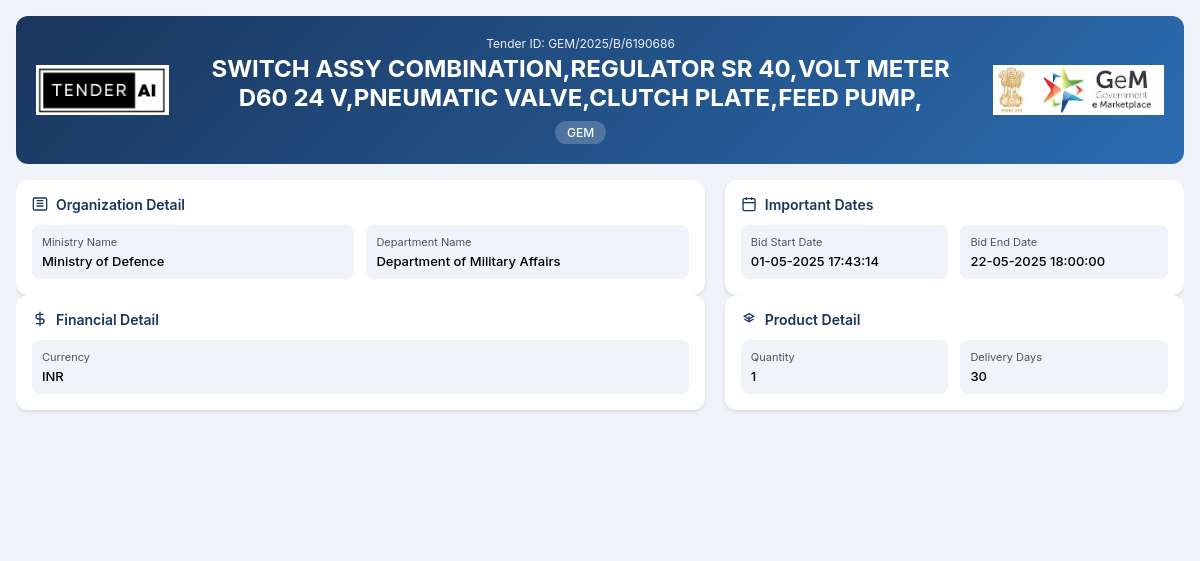 Department of Military Affairs Tender by Indian Army (GEM/2025/B/6190686) Department of Military Affairs Tender by Indian Army (GEM/2025/B/6190686)